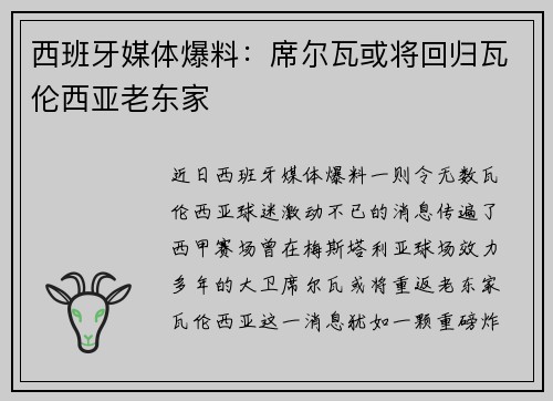 西班牙媒体爆料：席尔瓦或将回归瓦伦西亚老东家