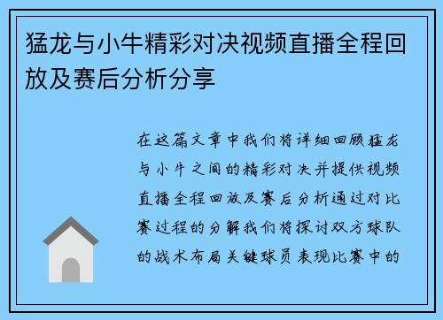 猛龙与小牛精彩对决视频直播全程回放及赛后分析分享